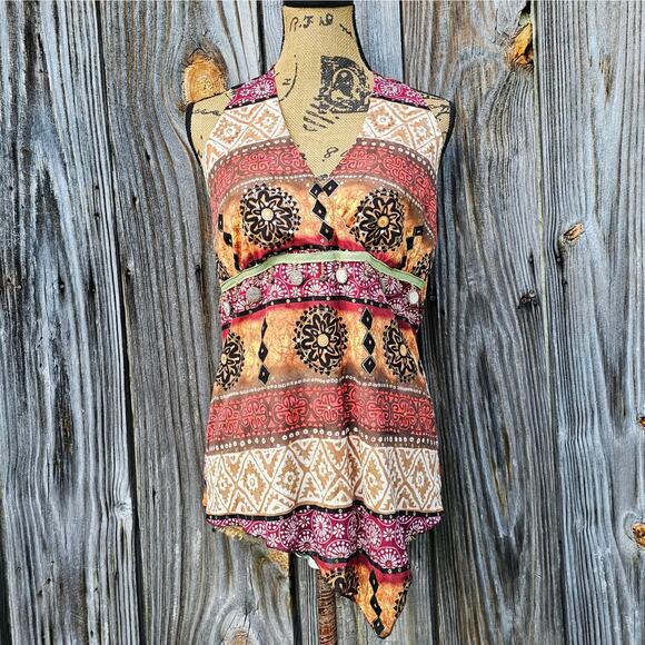 Gauze Halter Top Size M Dressbarn Beaded V-Neck Tank Orange Brown Stripe Print - Picture 1 of 8